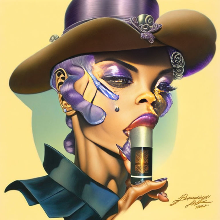 Surrealist portrait: Stylized woman with purple makeup, melting features, wide brimmed