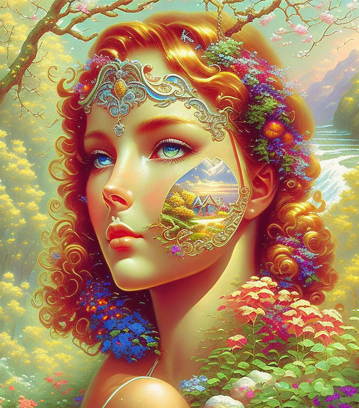 Detailed artwork: Woman with nature headdress, mountain reflection in eye, surrounded by lush flora