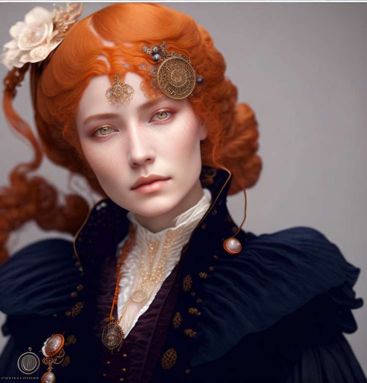 Vivid Red-Haired Woman in Steampunk Victorian Outfit