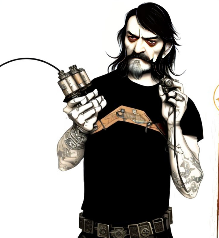 Detailed illustration of stern-faced man with black hair, beard, dynamite plunger, tattoos, and