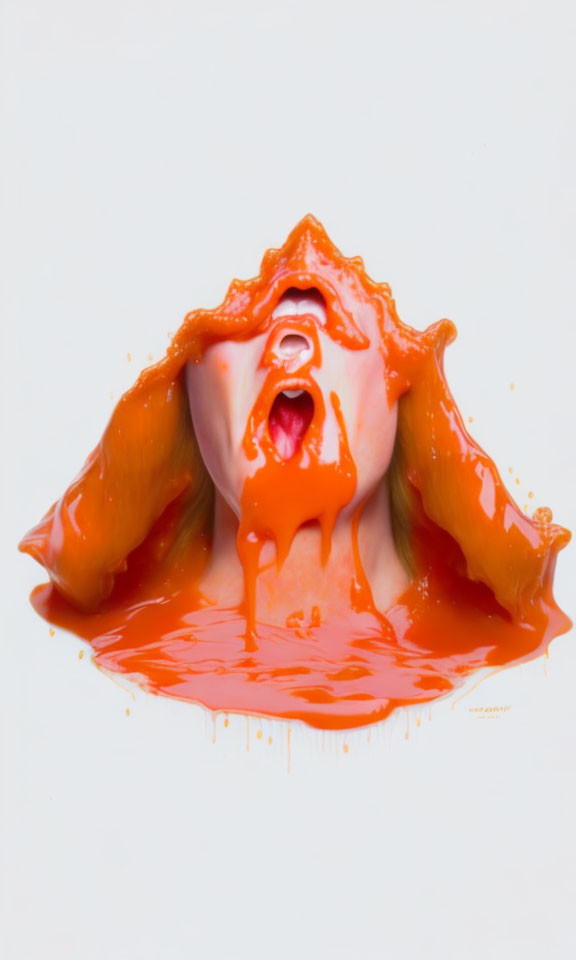 Face Covered in Dripping Orange Paint on White Background