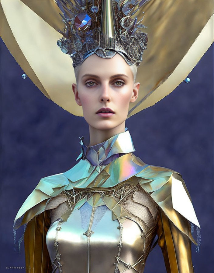 Elaborate Metallic Headdress and Attire on Blue Background