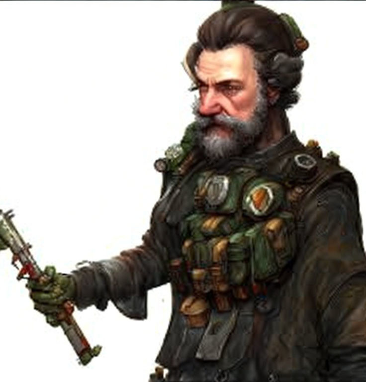 Grizzled man with mustache in green military outfit holding stylized gun