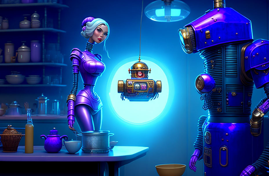 Futuristic humanoid female robot making tea in neon-lit room