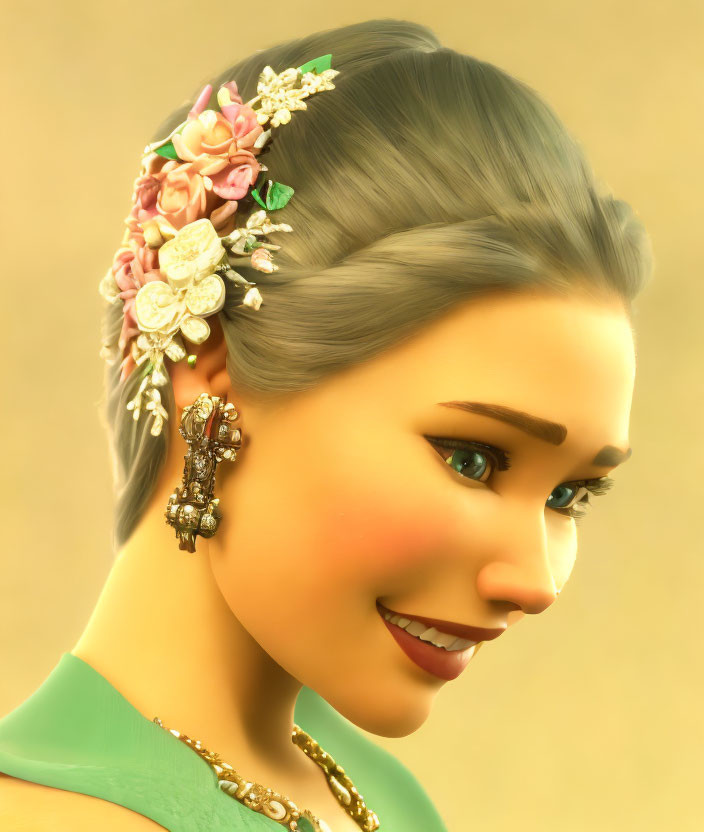 Smiling animated woman with floral accessories on golden background