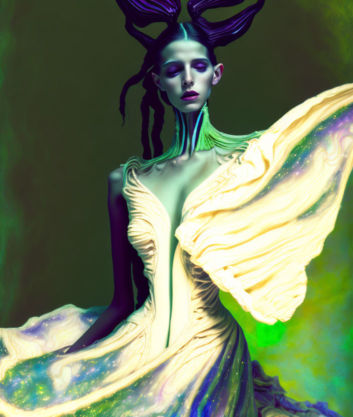 Elaborate horn-like hair and vibrant makeup on a surreal portrait