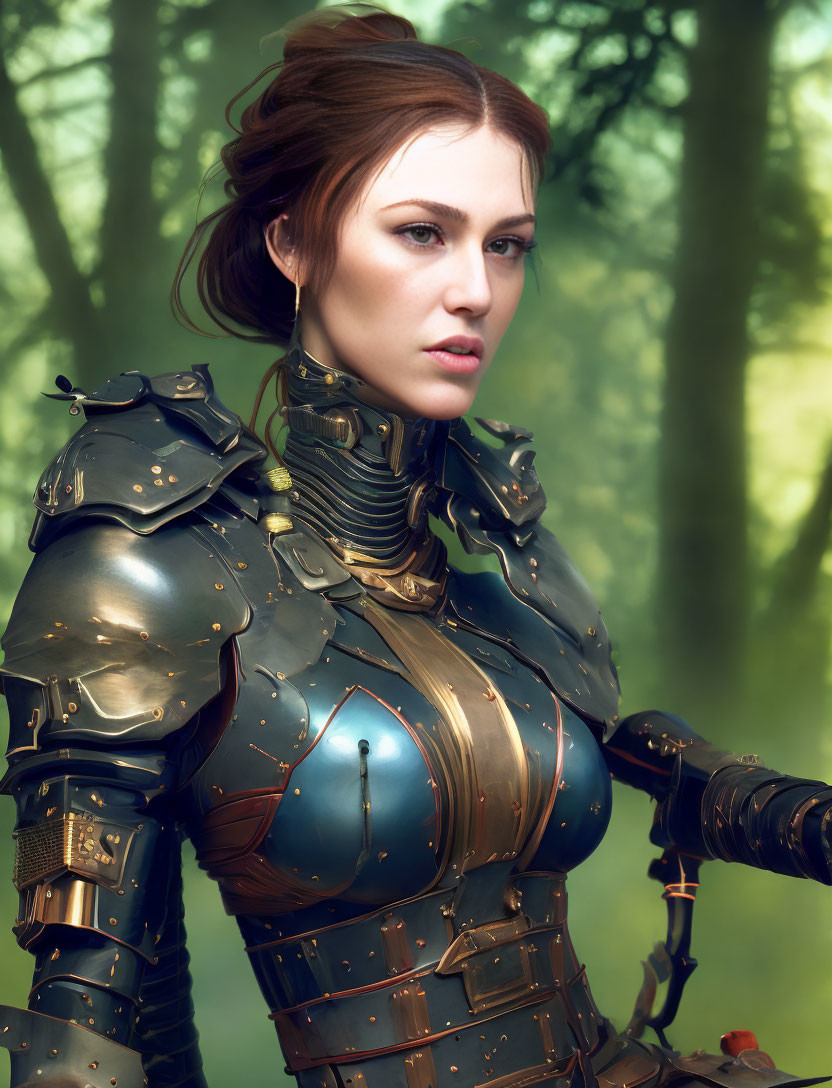 Medieval armor-clad woman in forest setting.