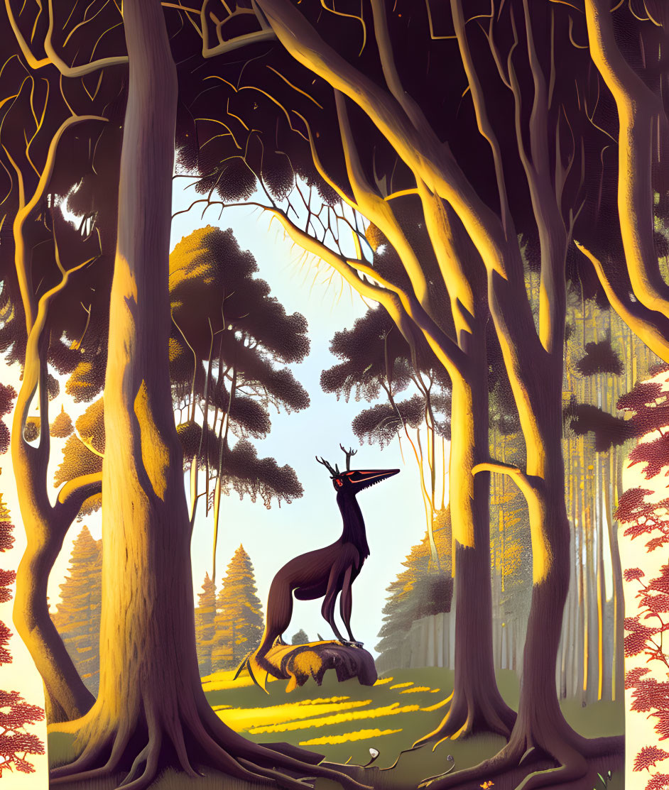 Majestic stag in forest with tall trees and golden sunshine