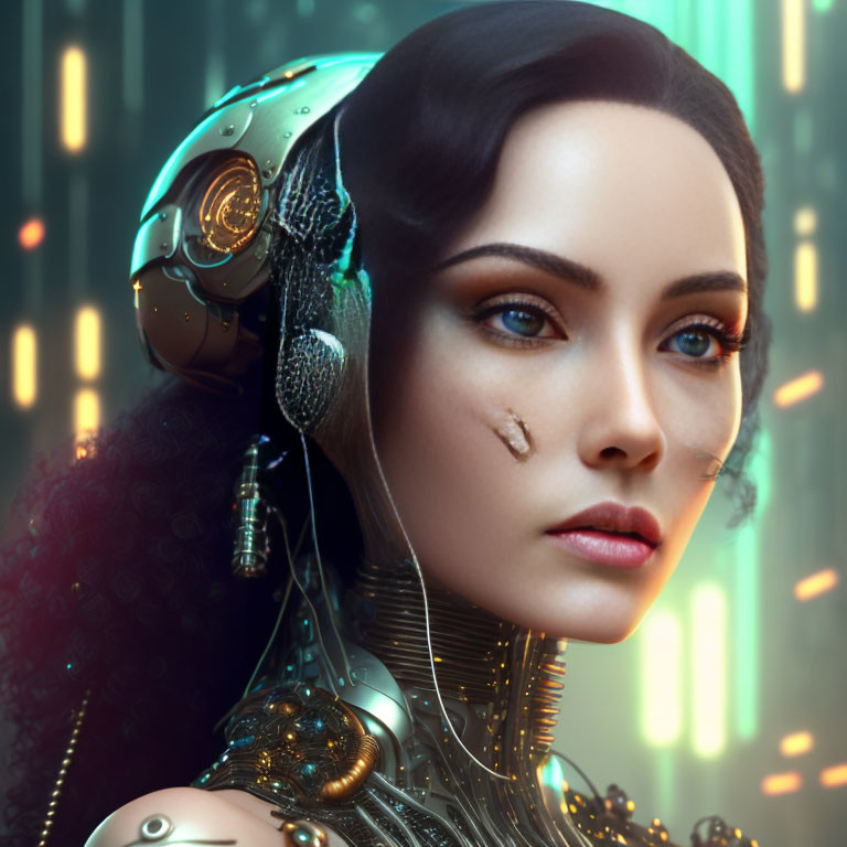 Detailed Female Cyborg Artwork with Mechanical Integration and Glowing Lights