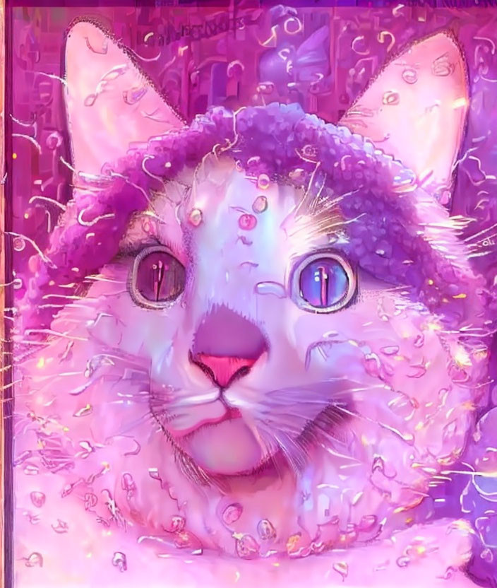 Colorful digital art: Fluffy purple cat with blue eyes in whimsical pink setting