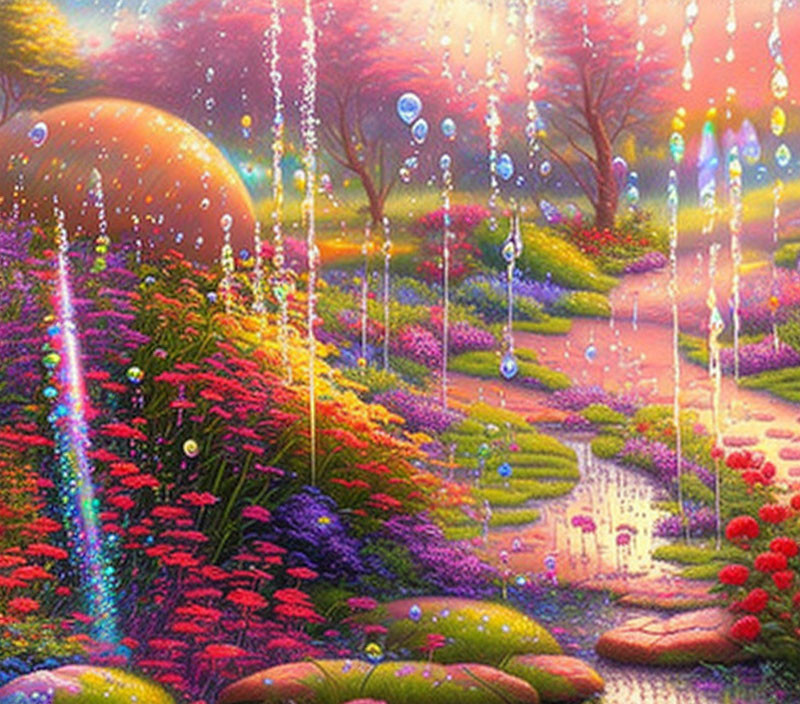 Colorful Fantasy Landscape with Celestial Body and Sparkling Water