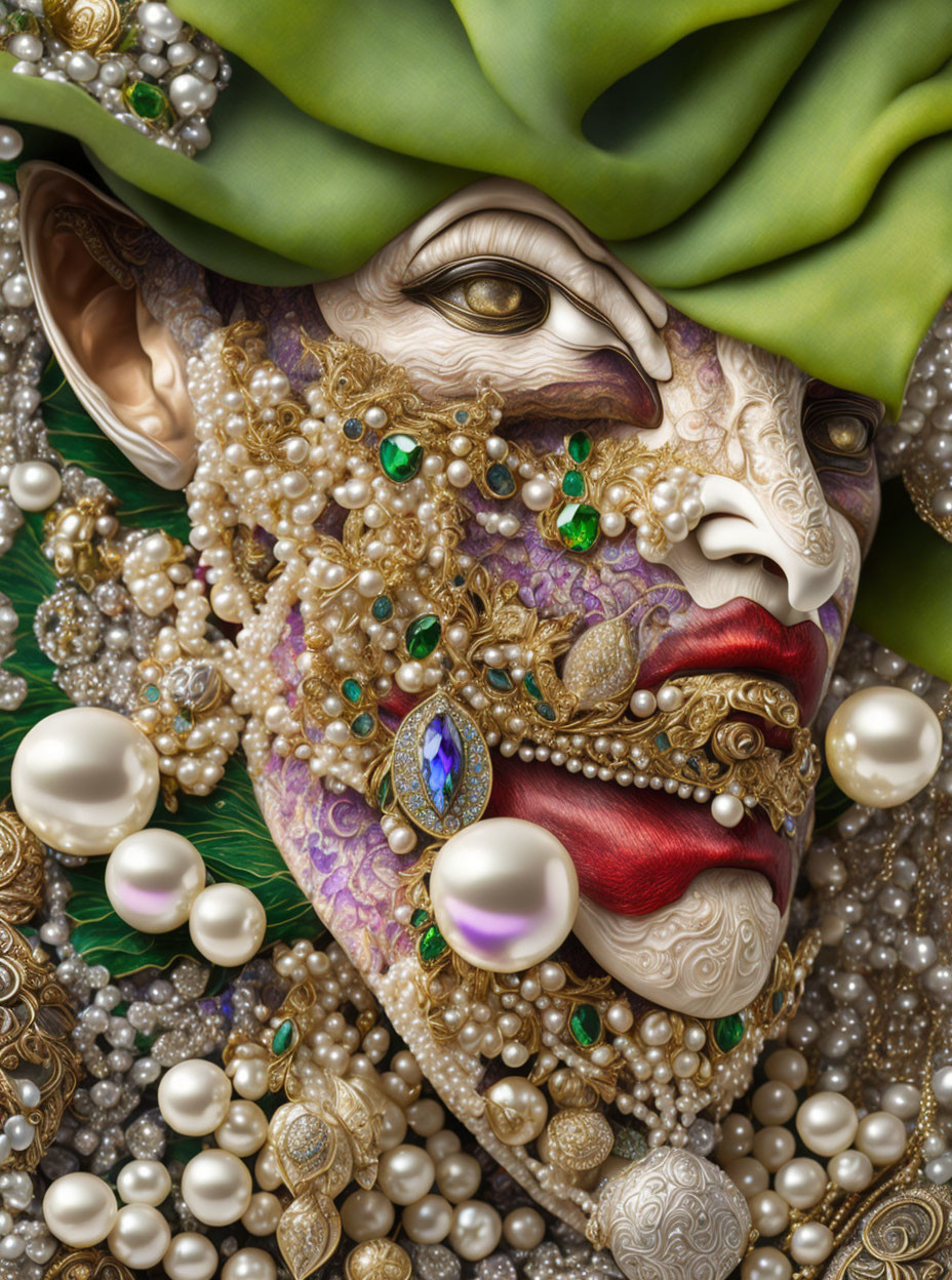 Detailed digital artwork: Face with jewels, pearls, and gold on green fabric