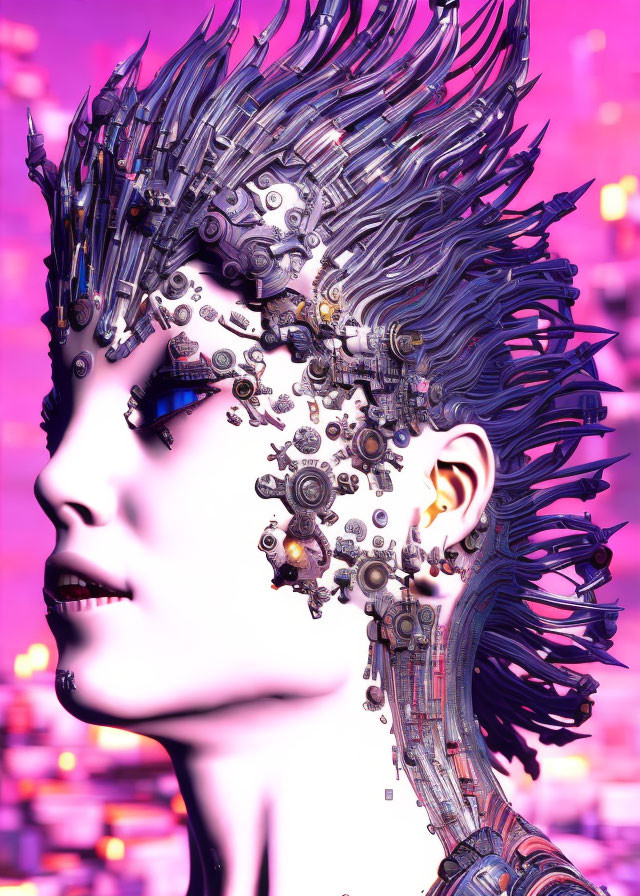 Profile view digital artwork: humanoid figure with mechanical hair on pink backdrop