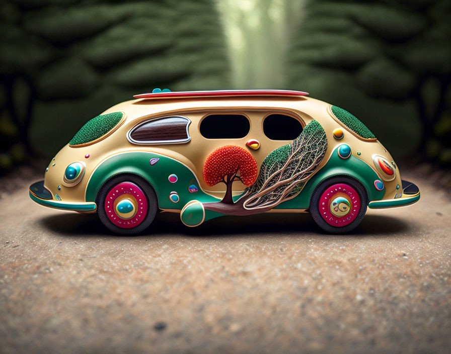 Colorful Organic Car Design with Plant-Like Textures and Tree Roots