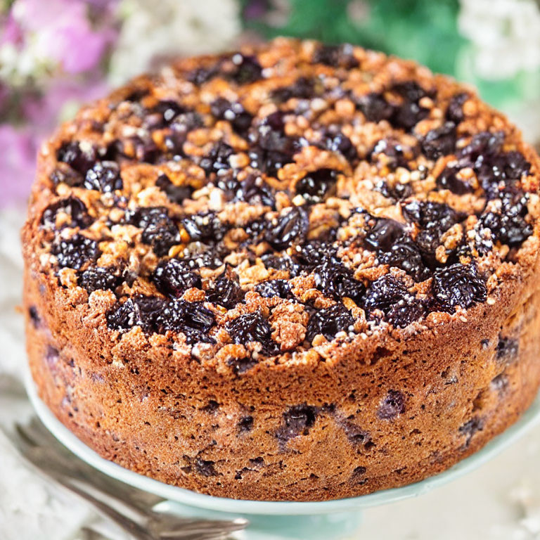 Blueberry crumble cake with streusel topping and powdered sugar on glass stand