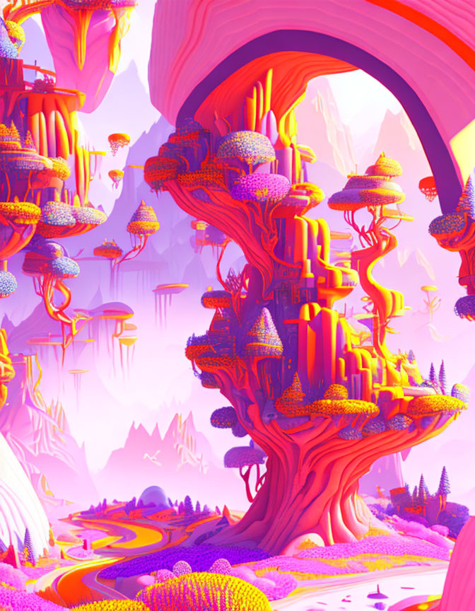 Fantastical landscape with giant tree, floating islands, and colorful flora