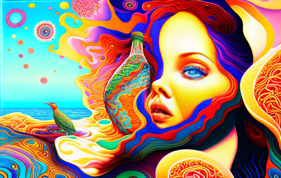 Colorful Psychedelic Woman's Face Illustration with Bird and Ocean Waves