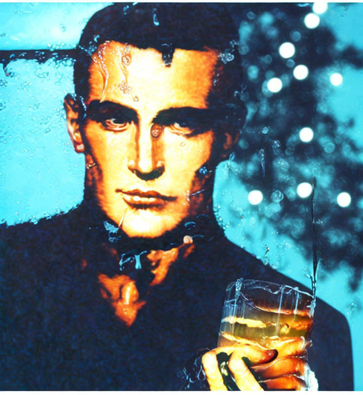 Stylized portrait of a man with glass against blue backdrop