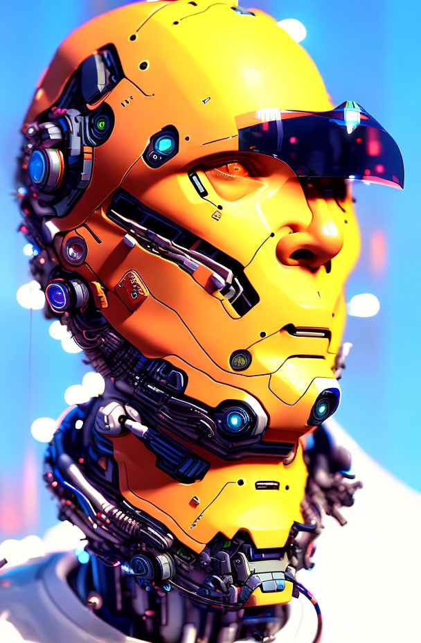 Detailed 3D-rendered humanoid robot with yellow-orange plating and visor on blue background