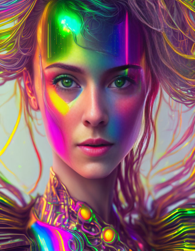 Portrait of a Woman with Striking Green Eyes and Rainbow Light Reflections