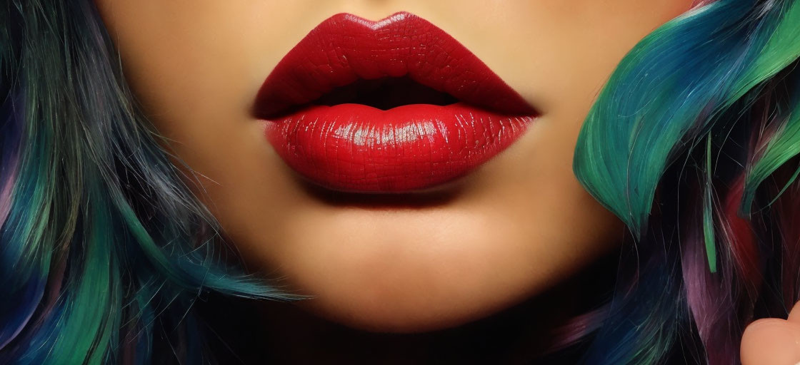 Vibrant multi-colored hair strands around plump red lips