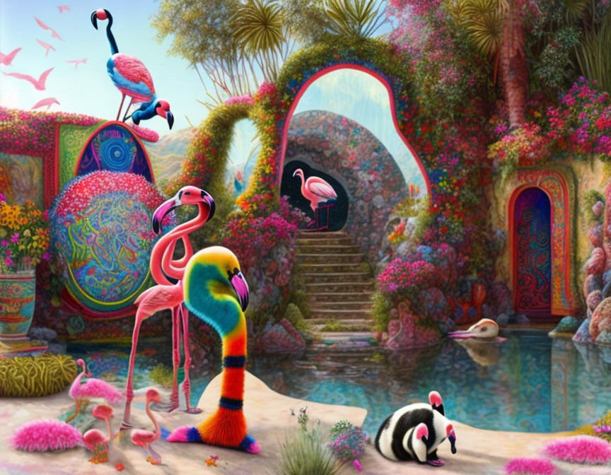 Vibrant Fantasy Garden with Flamingos and Lush Vegetation