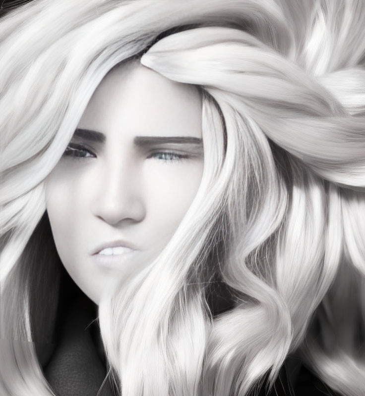 Monochrome digital portrait featuring person with voluminous hair and intense eyes