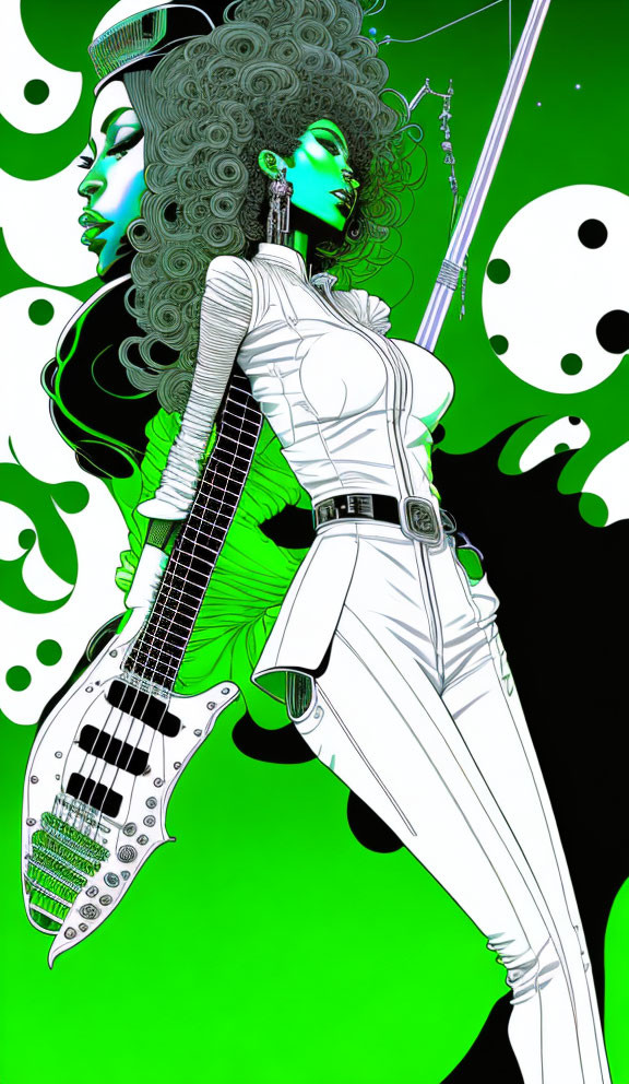 Illustration of woman with curly hair in white jumpsuit with guitar on abstract green backdrop