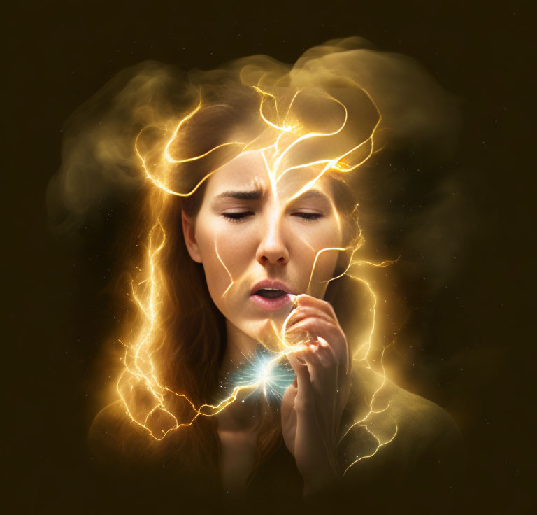 Woman with Closed Eyes Surrounded by Golden Lightning-Like Lines