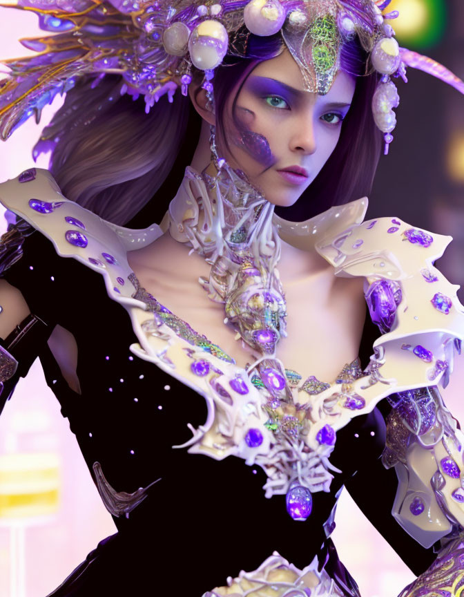 Fantasy-themed digital art of a woman in purple and white armor with pearls and gems against a glowing