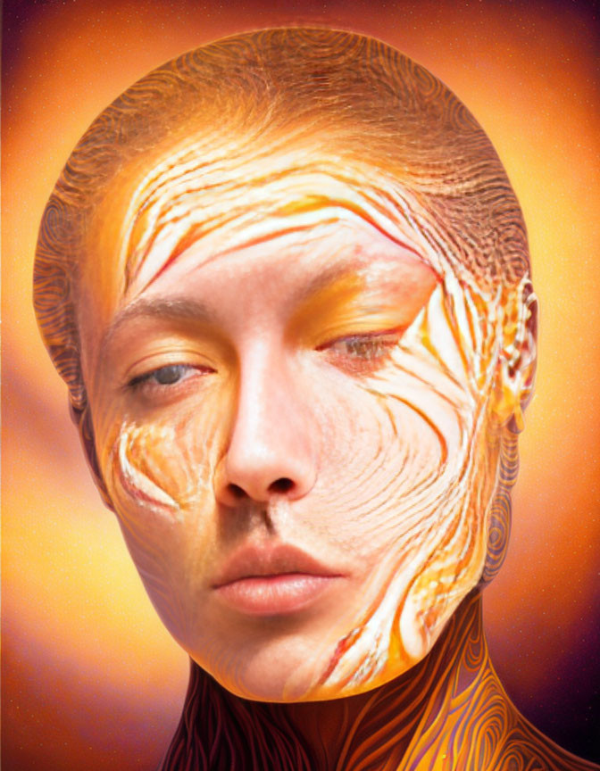 Surreal portrait with face blending into lava-like patterns on fiery backdrop