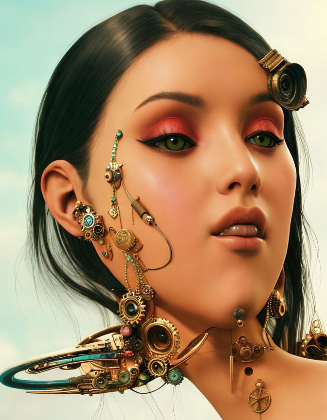 Steampunk-inspired digital art: Woman with mechanical ear and jaw on blue background