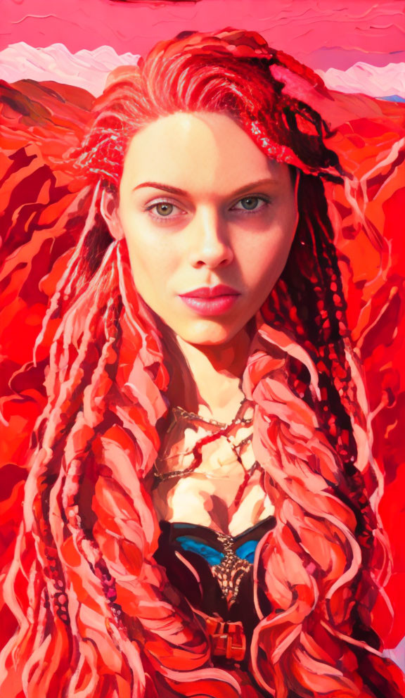 Vibrant portrait of woman with red braided hair and blue eyes on red textured background