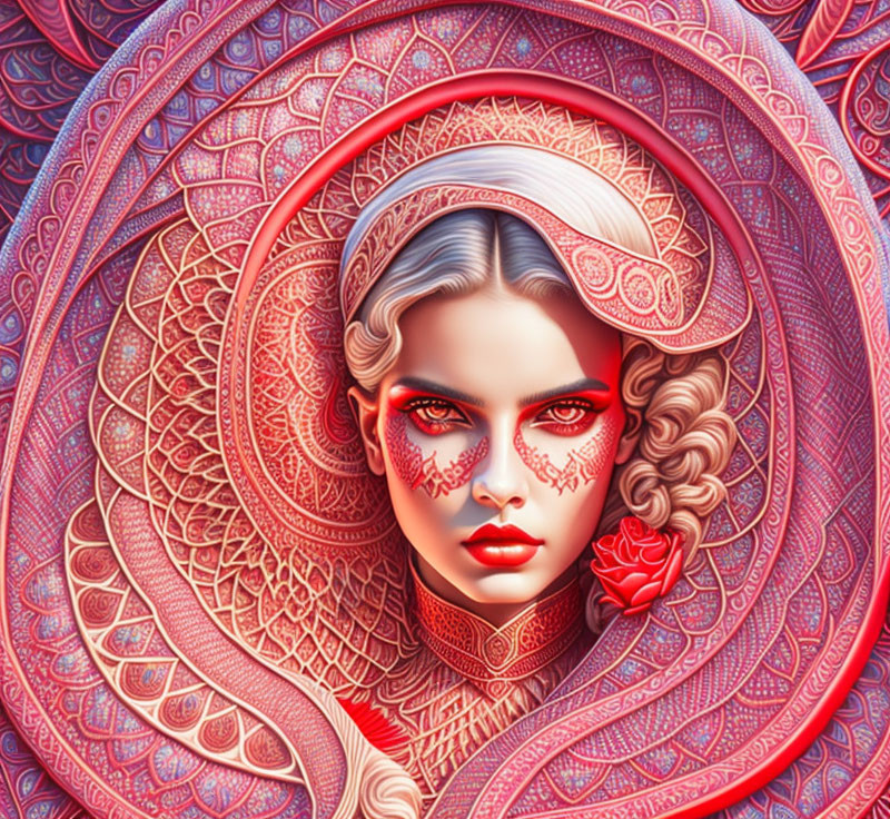 Intricate red patterns on woman's surreal portrait with rose and red eyes