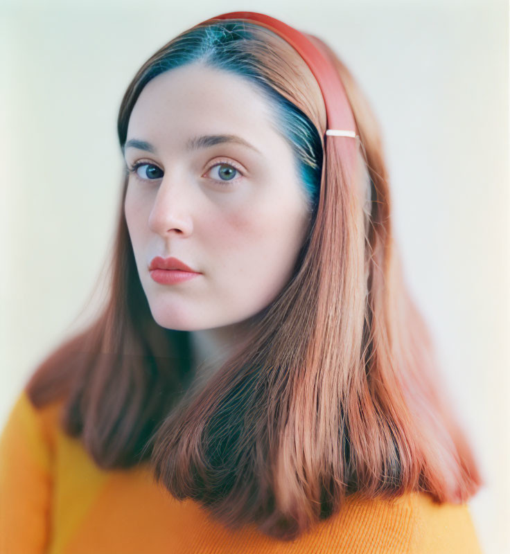 Brown-haired woman in yellow sweater with red headband, neutral expression.