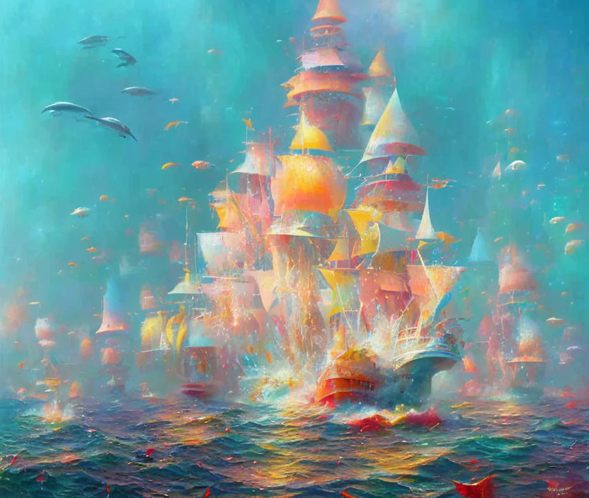 Colorful sailing ship painting with birds and lanterns in ocean waters