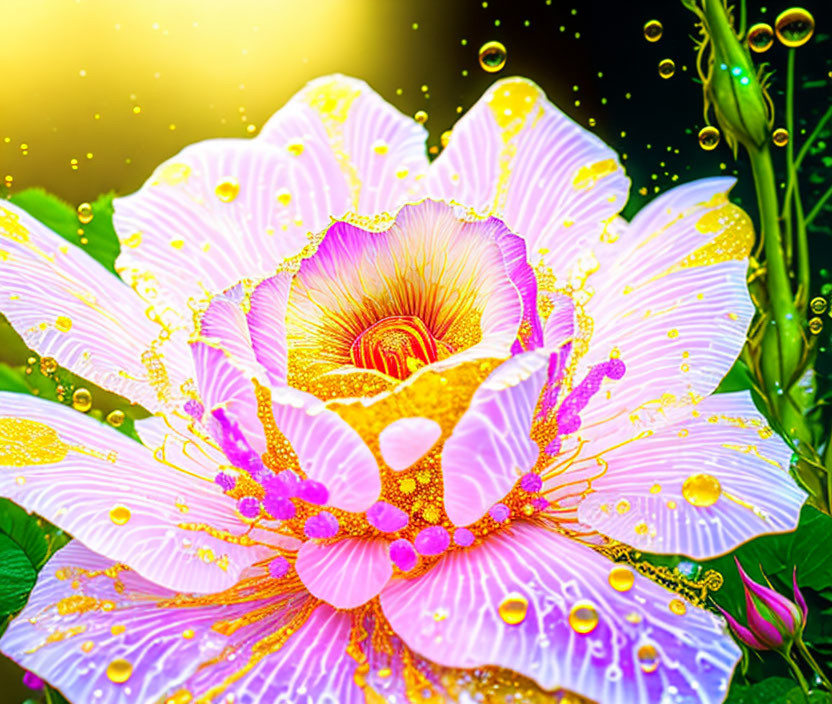 Pink flower with yellow dots and glowing effect on green background