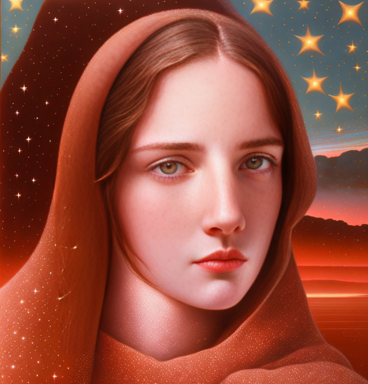 Portrait of woman with fair skin and auburn hair in red veil under starry sky