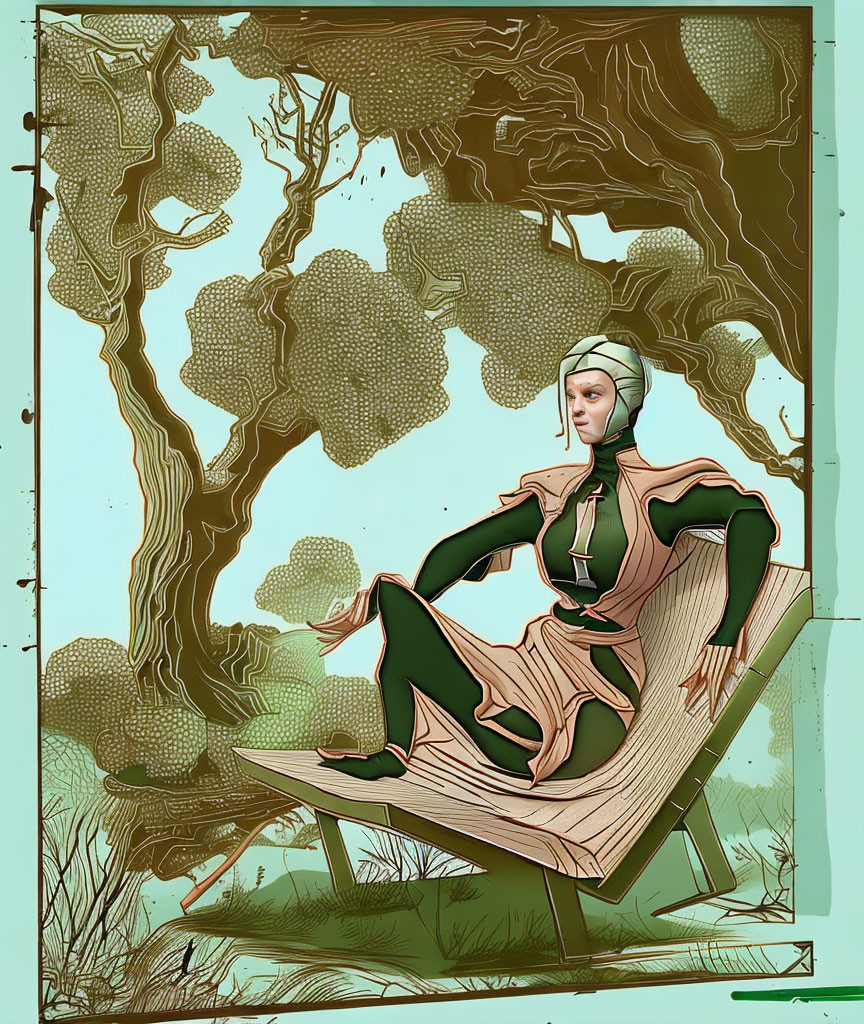 Illustrated woman sitting on wooden chair among stylized trees in green and brown outfit