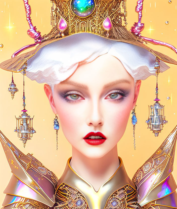 Fantasy female character with golden headgear and jewelry on golden backdrop