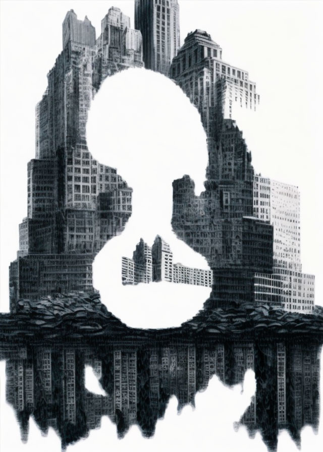 Monochrome cityscape artwork with keyhole silhouette reflected on water