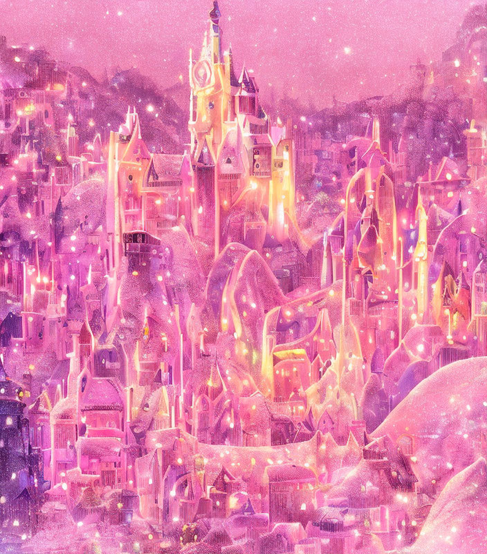 Pink fantasy castle in snowy landscape with soft glow under starry sky