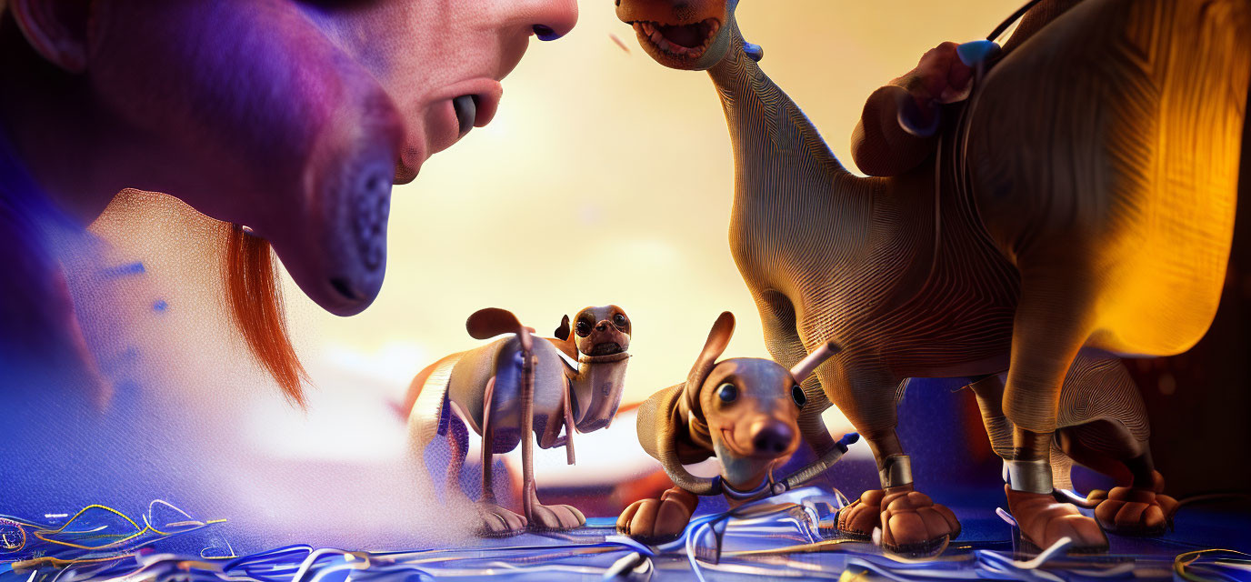 Two people smiling at animated chihuahuas and character