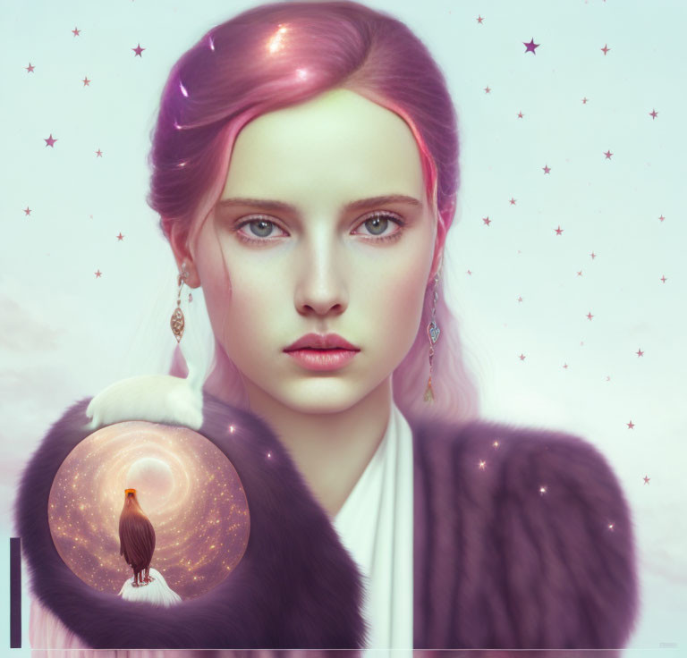 Surreal portrait of woman with pink hair and celestial motifs