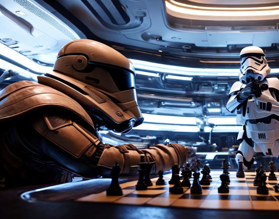 Futuristic armor figures playing chess in sci-fi room