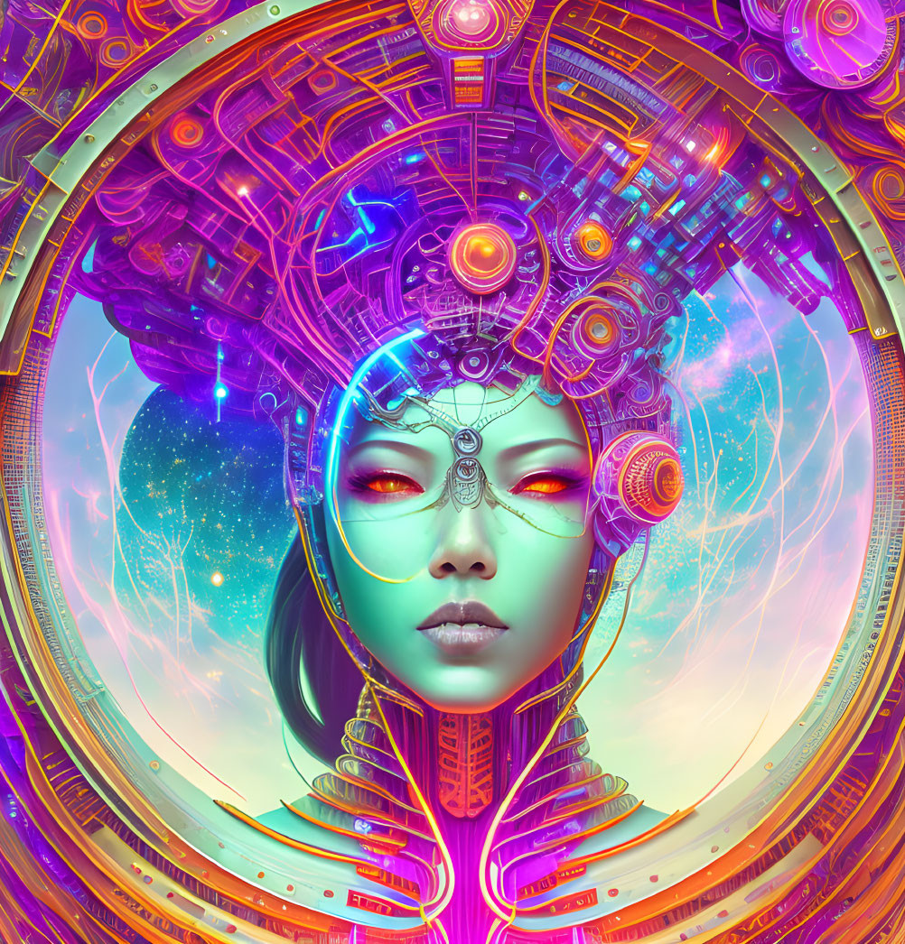 Futuristic female figure with mechanical elements on cosmic background