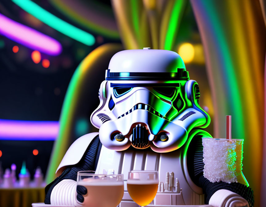 Stylized Stormtrooper sips drink in neon-lit bar