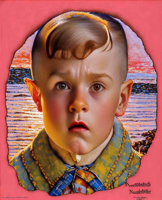 Surrealist portrait: child with oversized head, seascape in hair, pink and orange background