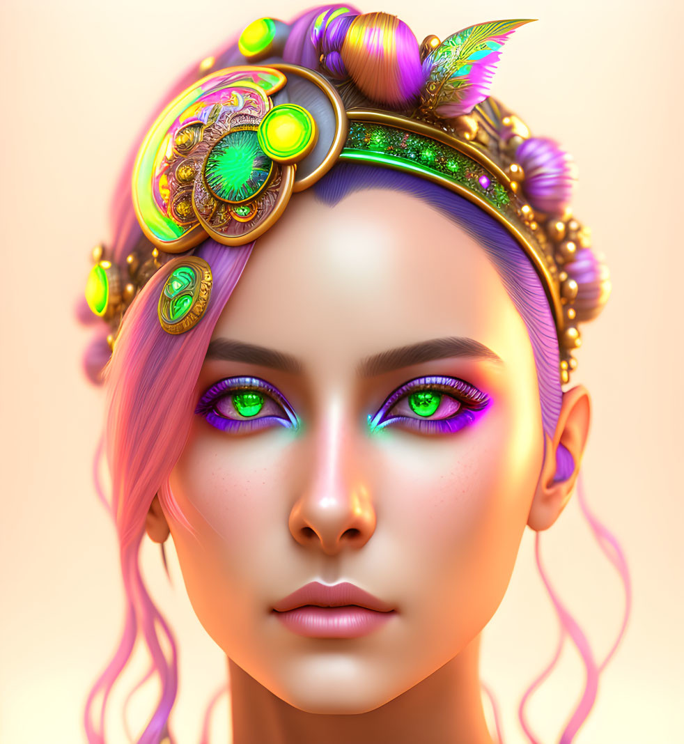 Vibrant pink hair woman with green eyes and peacock feather headpiece