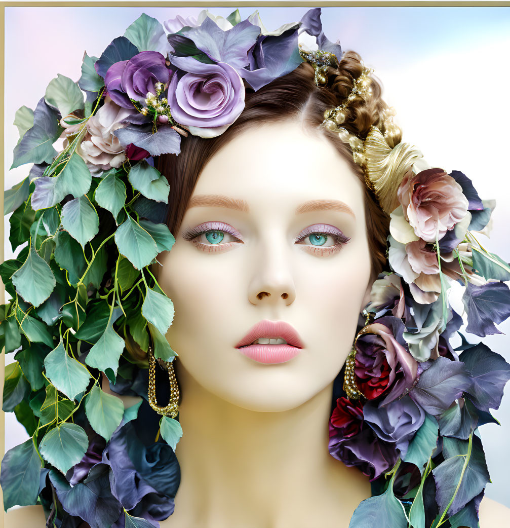 Woman with purple floral headdress and serene expression